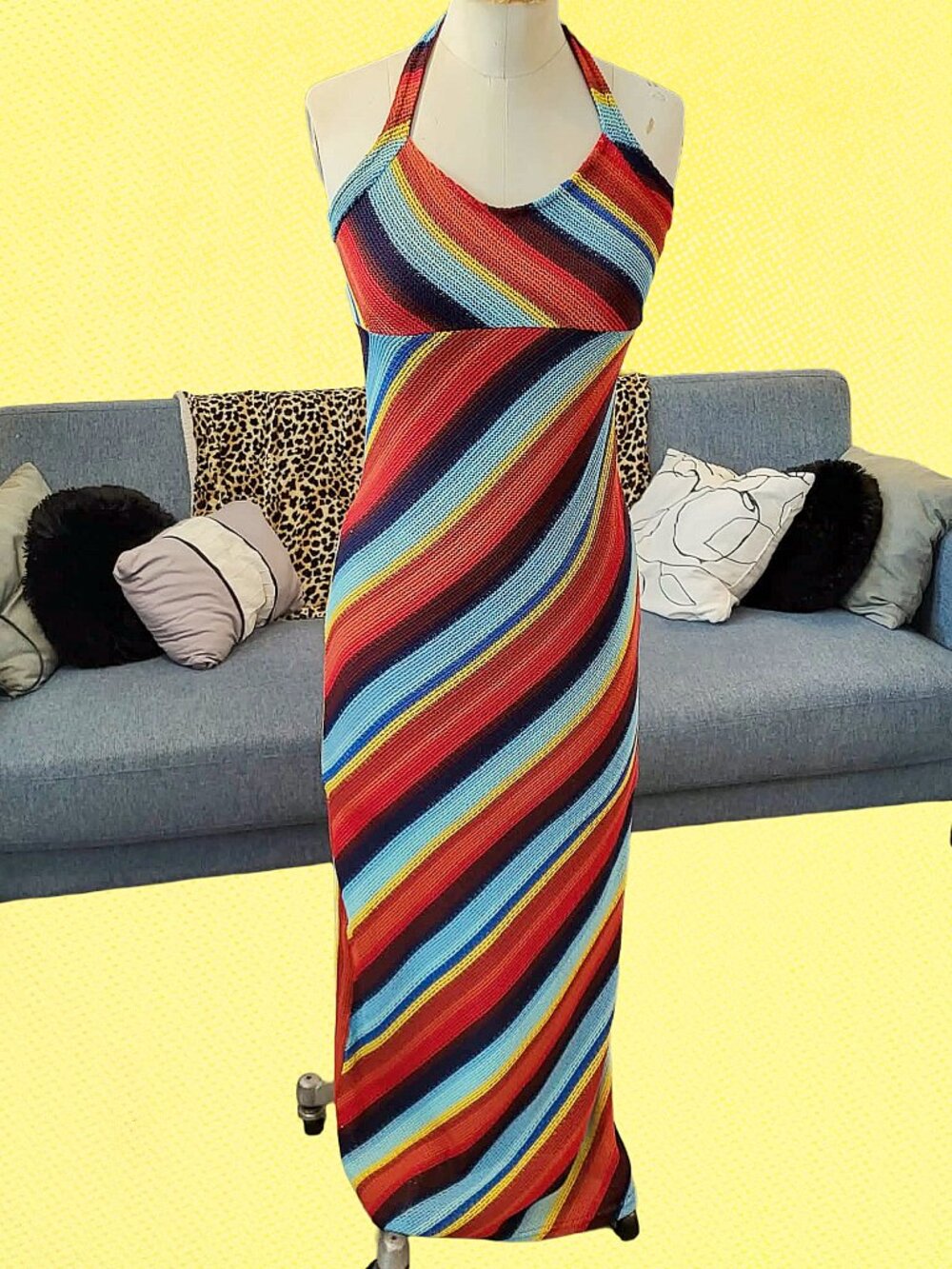 VTG Le Château | Backless Striped Halter Maxi Dress | Rainbow Knit Long Dress